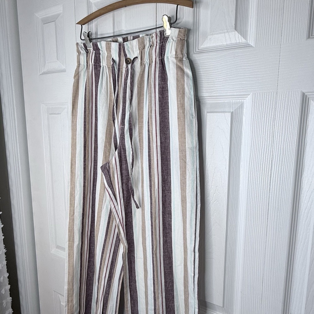 NWOT Abercrombie & Fitch Striped Linen Blend Wide Leg Pants Paperbag Waist Sz M - Picture 2 of 7